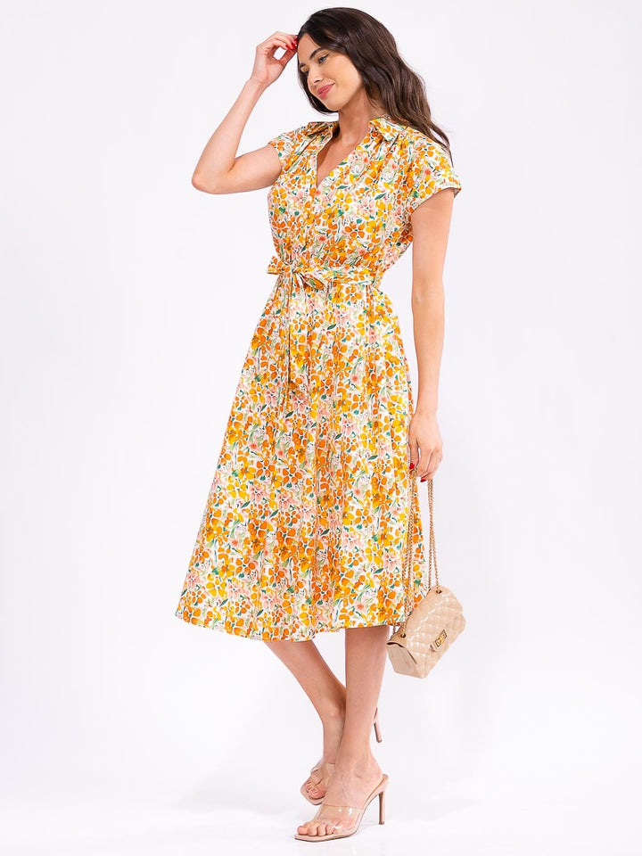 WOMEN'S SHORT SLEEVE V-NECK ELASTIC WAIST BELTED POCKETS FLORAL PRINT MIDI DRESS