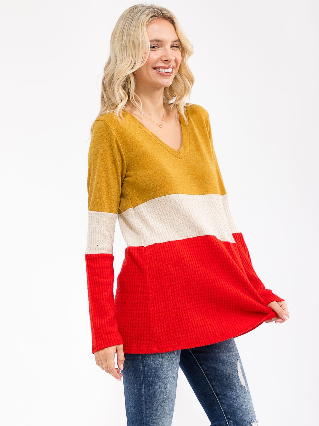WOMEN'S LONG SLEEVE COLORBLOCK V-NECK LOOSE FIT TOP