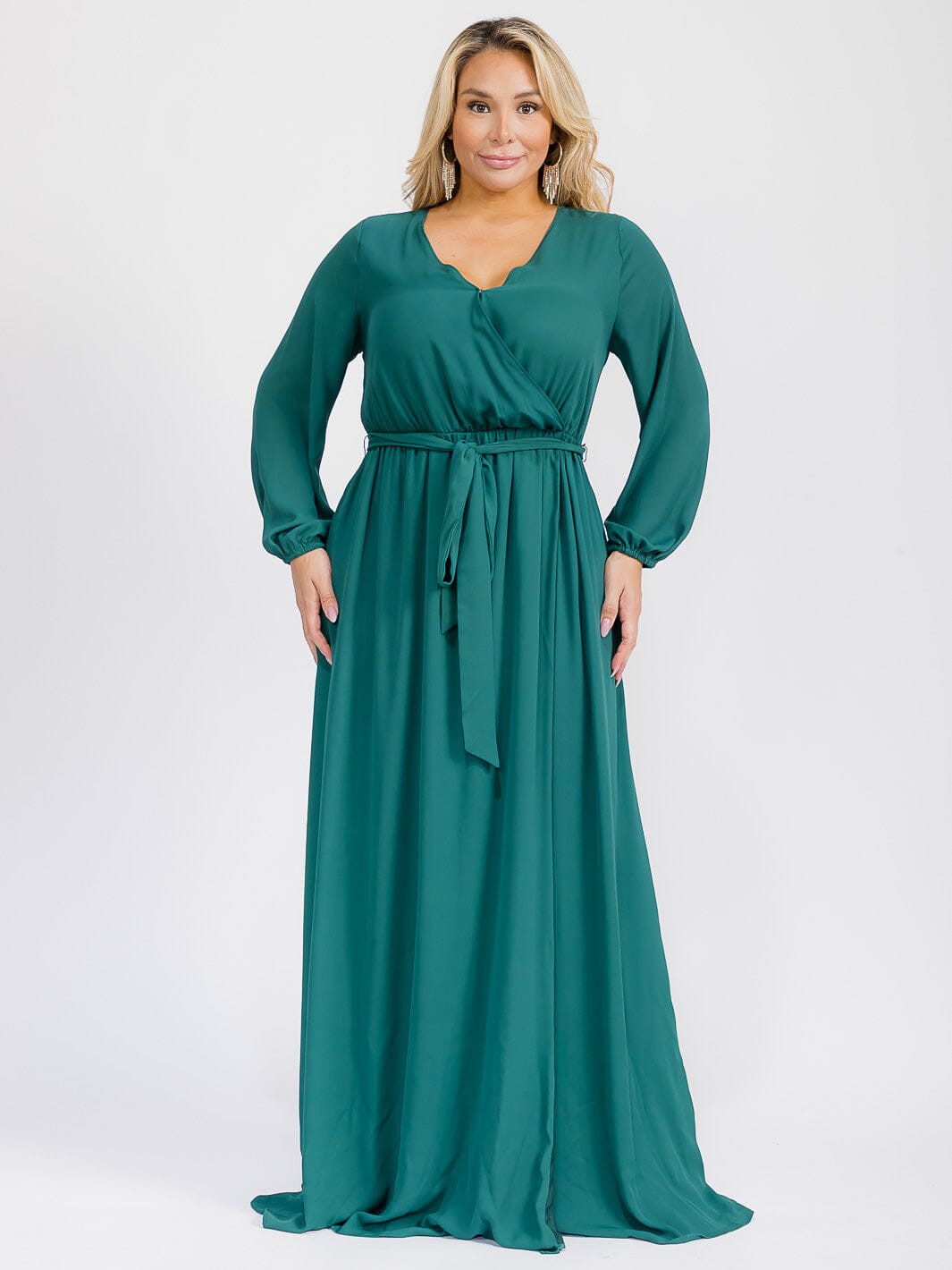 PUS SIZE LONG SLEEVE SELF TIE SURPLICE MAXI GOWN DRESS