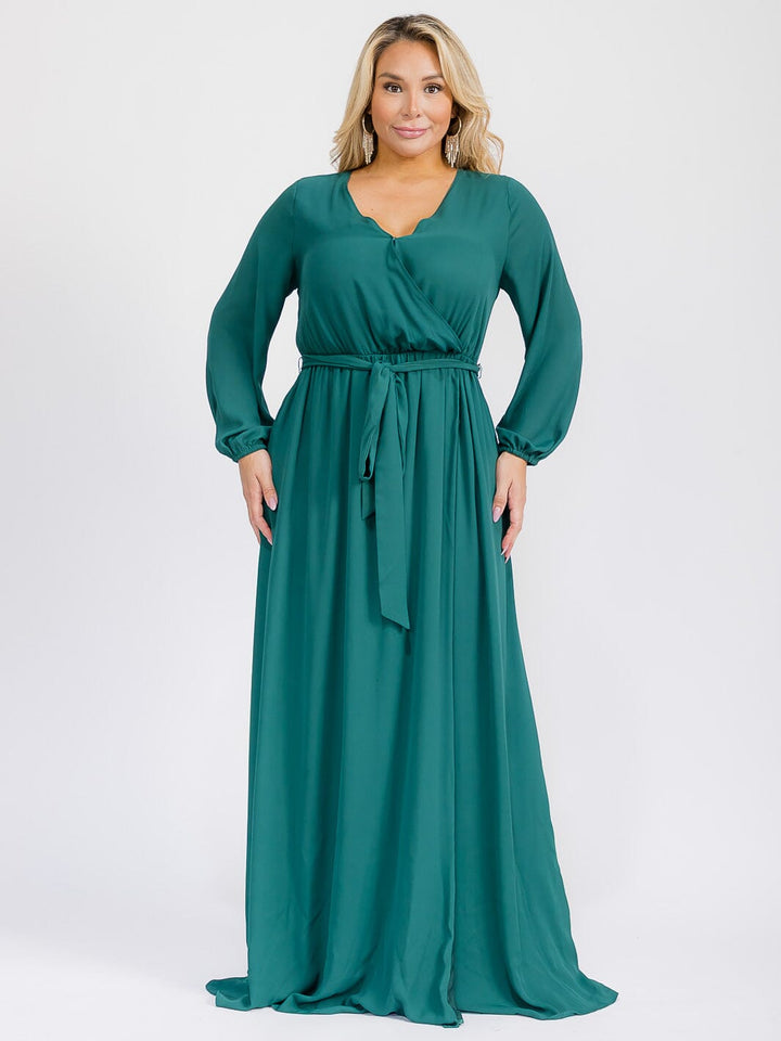 PUS SIZE LONG SLEEVE SELF TIE SURPLICE MAXI GOWN DRESS