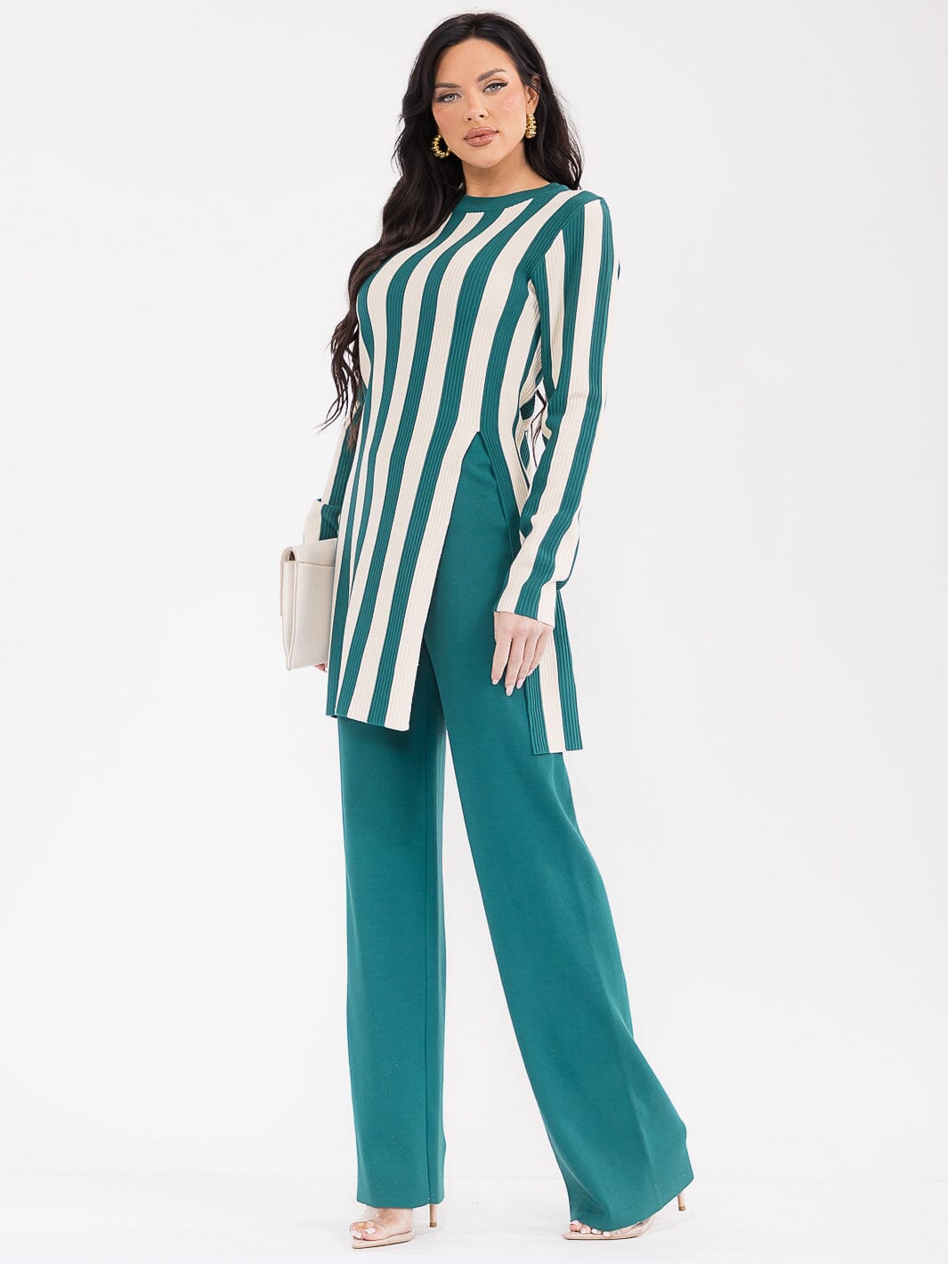 WOMEN'S LONG SLEEVE SLIT TOP & ELASTIC WAIST PANTS COLORBLOCK RIBBED 2PC. SET