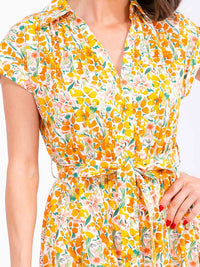 WOMEN'S SHORT SLEEVE V-NECK ELASTIC WAIST BELTED POCKETS FLORAL PRINT MIDI DRESS