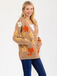 WOMEN'S LONG SLEEVE BUTTON CLOSURE FRONT POCKETS FLORAL CARDIGAN