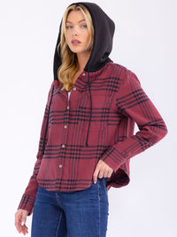 WOMEN'S LONG SLEEVE BUTTON CLOSURE FRONT POCKETS HOODED PLAID SHIRT