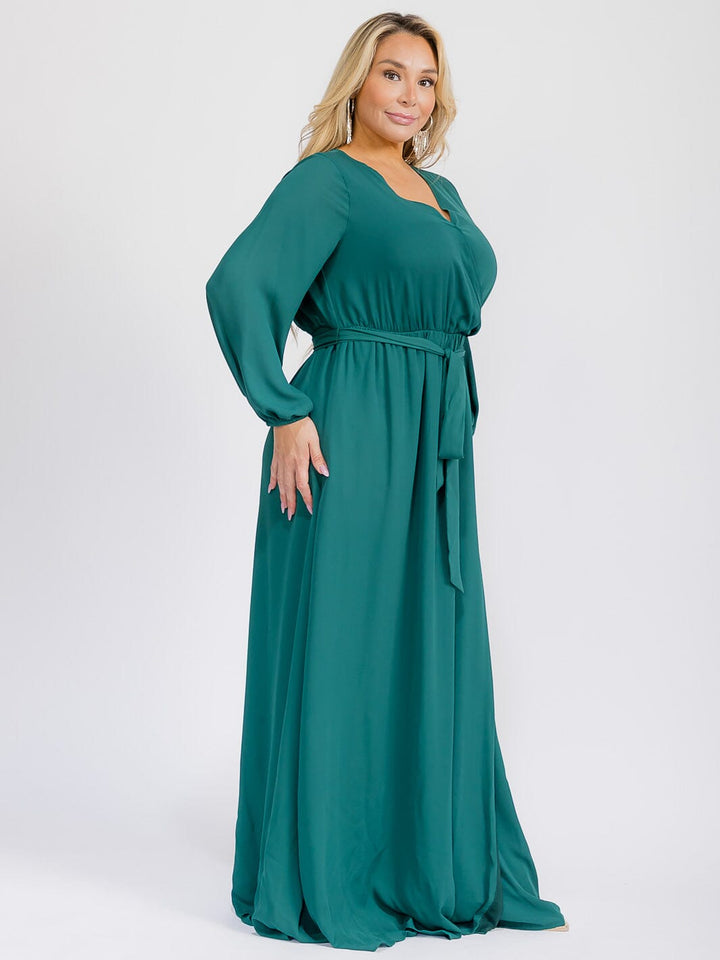 PUS SIZE LONG SLEEVE SELF TIE SURPLICE MAXI GOWN DRESS