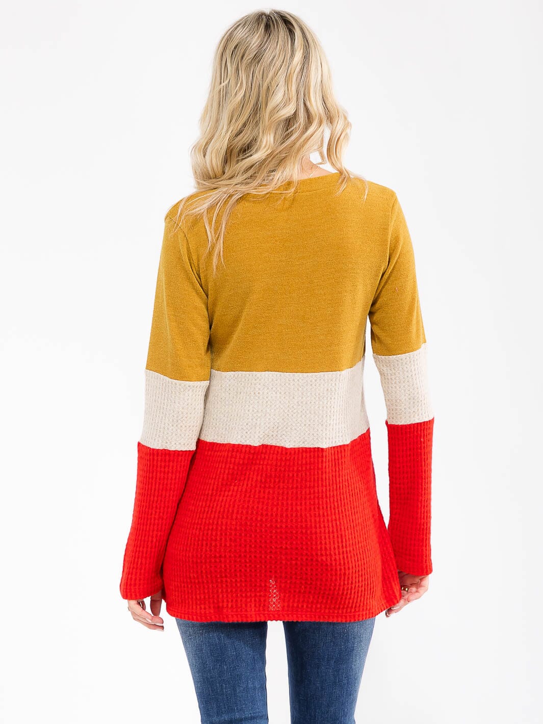 WOMEN'S LONG SLEEVE COLORBLOCK V-NECK LOOSE FIT TOP