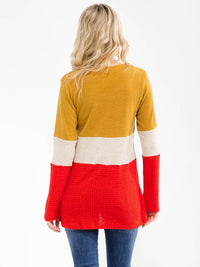 WOMEN'S LONG SLEEVE COLORBLOCK V-NECK LOOSE FIT TOP