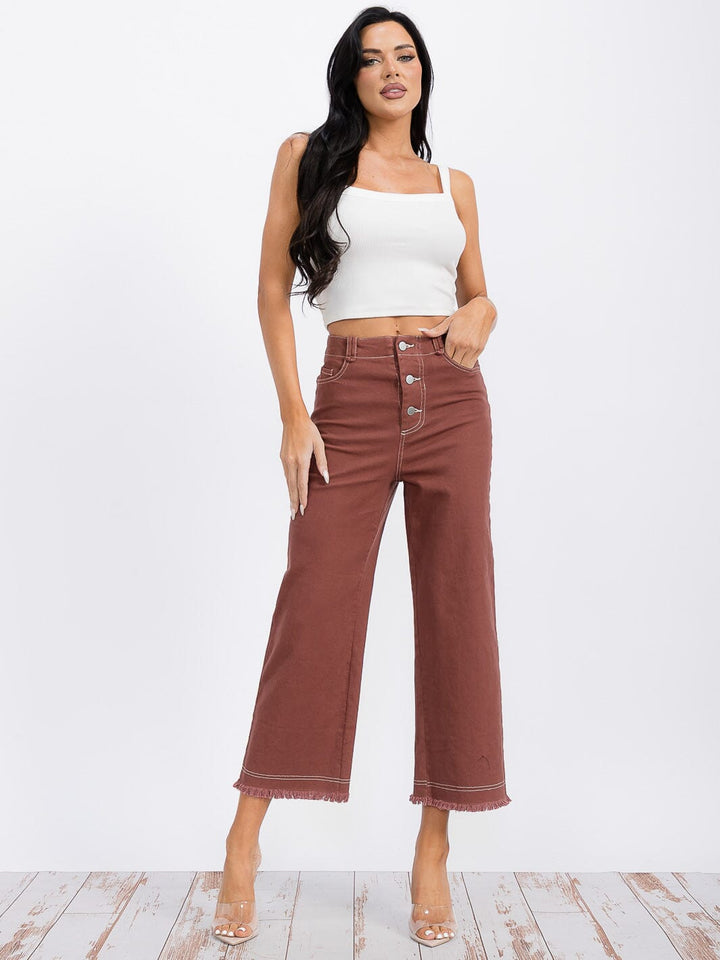 WOMEN'S BUTTON CLOSURE POCKETS WIDE LEG DENIM PANTS