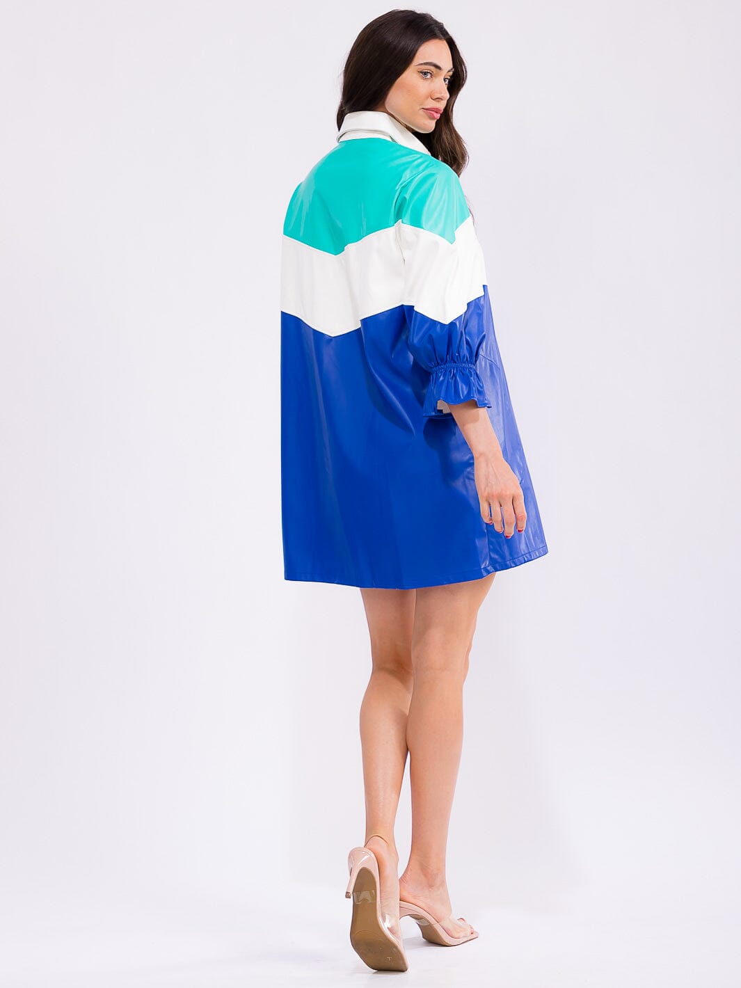 WOMEN'S 3/4 SLEEVE BUTTON UP POCKETS COLORBLOCK PU PLEATHER MINI DRESS