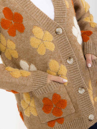 WOMEN'S LONG SLEEVE BUTTON CLOSURE FRONT POCKETS FLORAL CARDIGAN