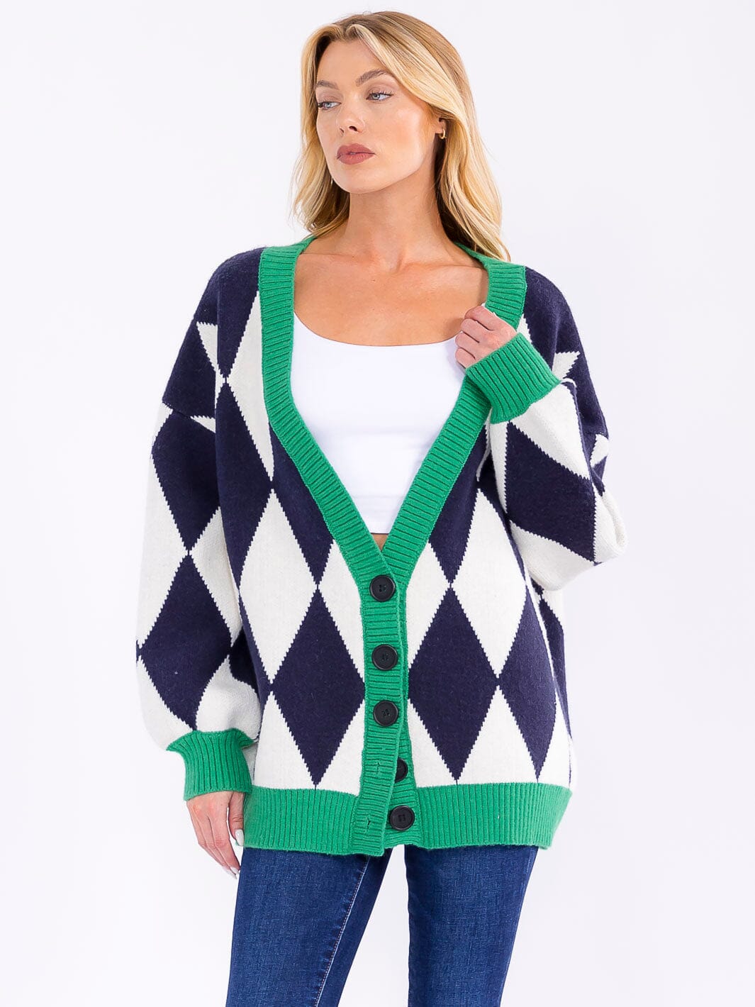 WOMEN'S LONG SLEEVE BUTTON CLOSURE PRINTED KNIT OVERSIZED CARDIGAN