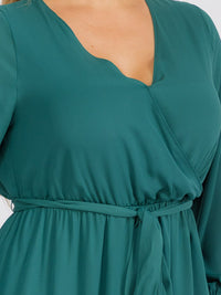 PUS SIZE LONG SLEEVE SELF TIE SURPLICE MAXI GOWN DRESS