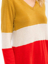 WOMEN'S LONG SLEEVE COLORBLOCK V-NECK LOOSE FIT TOP