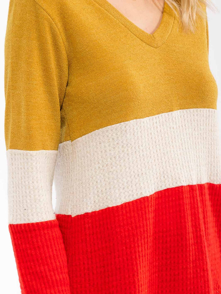 WOMEN'S LONG SLEEVE COLORBLOCK V-NECK LOOSE FIT TOP