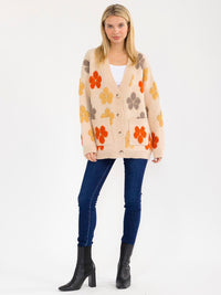 WOMEN'S LONG SLEEVE BUTTON CLOSURE FRONT POCKETS FLORAL CARDIGAN