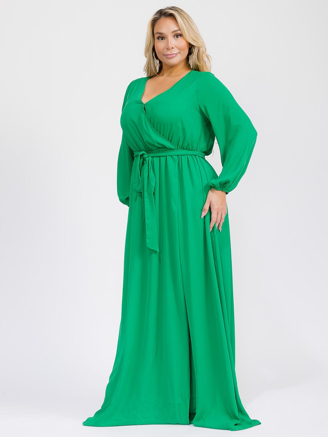 PUS SIZE LONG SLEEVE SELF TIE SURPLICE MAXI GOWN DRESS