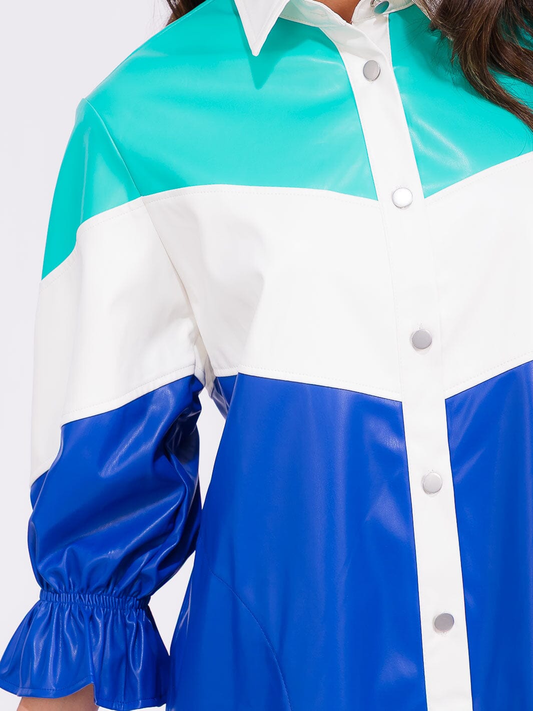 WOMEN'S 3/4 SLEEVE BUTTON UP POCKETS COLORBLOCK PU PLEATHER MINI DRESS