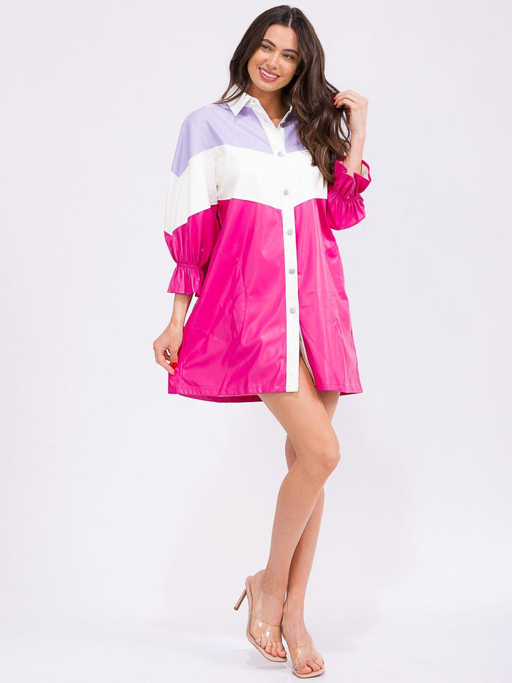WOMEN'S 3/4 SLEEVE BUTTON UP POCKETS COLORBLOCK PU PLEATHER MINI DRESS