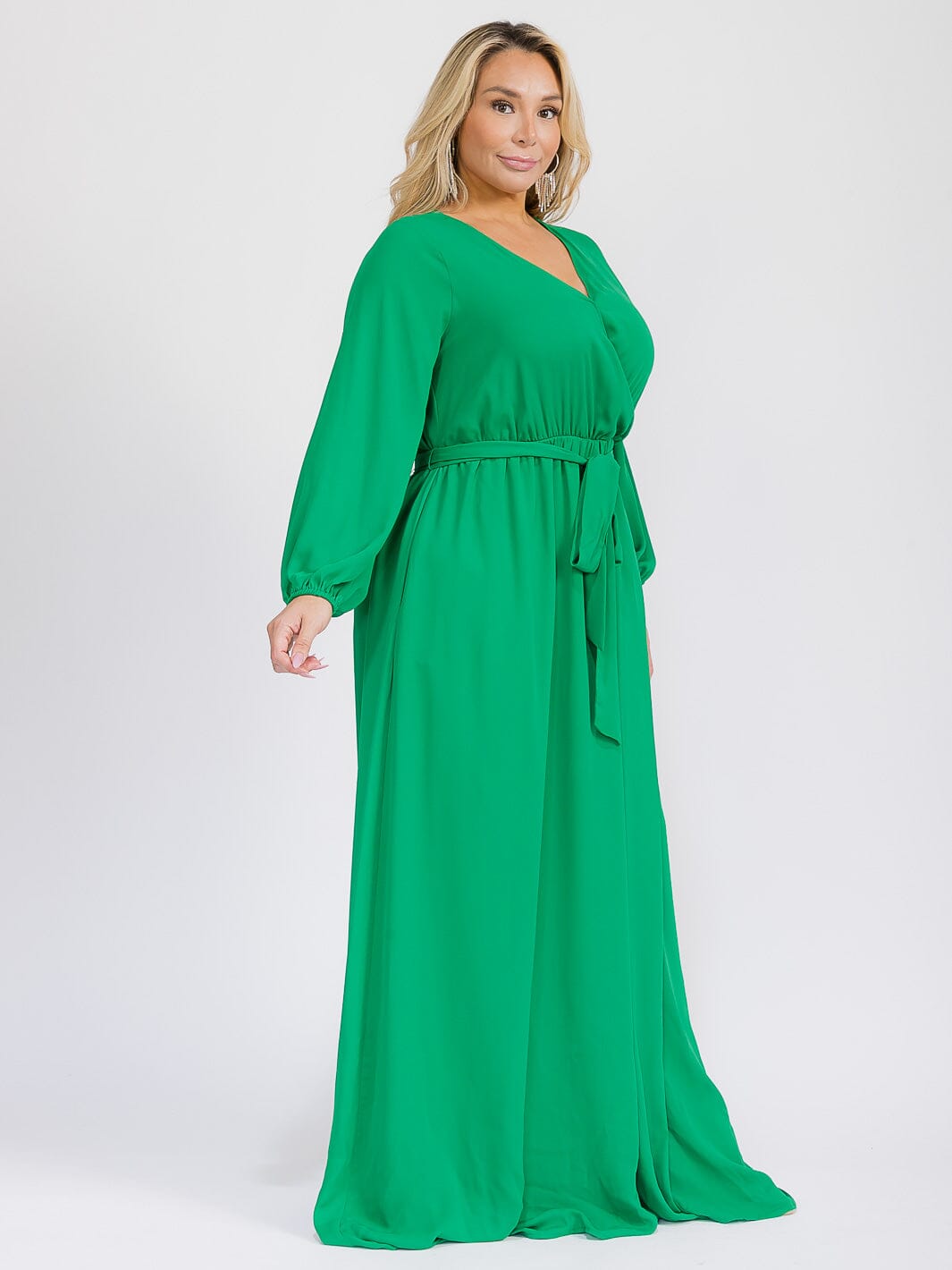 PUS SIZE LONG SLEEVE SELF TIE SURPLICE MAXI GOWN DRESS