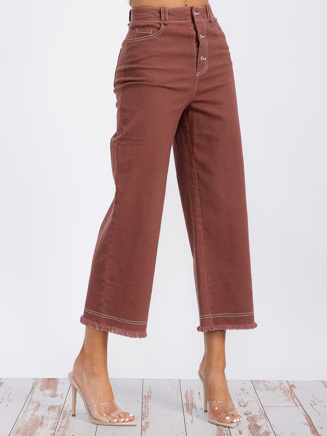 WOMEN'S BUTTON CLOSURE POCKETS WIDE LEG DENIM PANTS