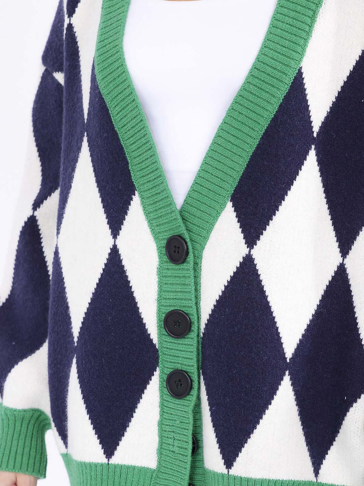 WOMEN'S LONG SLEEVE BUTTON CLOSURE PRINTED KNIT OVERSIZED CARDIGAN