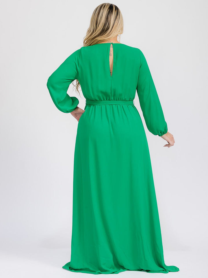 PUS SIZE LONG SLEEVE SELF TIE SURPLICE MAXI GOWN DRESS