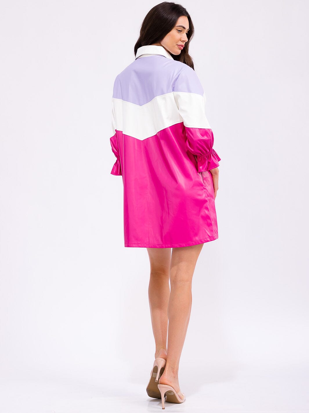 WOMEN'S 3/4 SLEEVE BUTTON UP POCKETS COLORBLOCK PU PLEATHER MINI DRESS