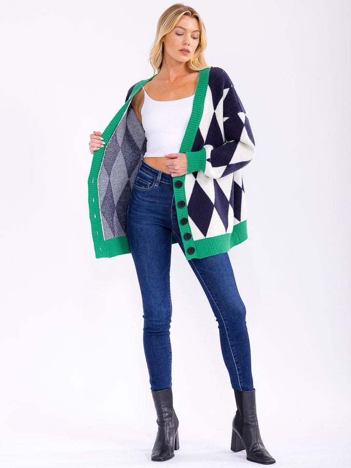 WOMEN'S LONG SLEEVE BUTTON CLOSURE PRINTED KNIT OVERSIZED CARDIGAN