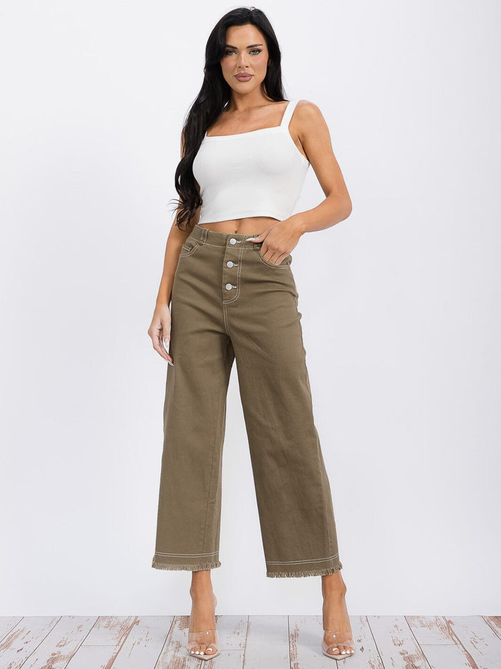 WOMEN'S BUTTON CLOSURE POCKETS WIDE LEG DENIM PANTS
