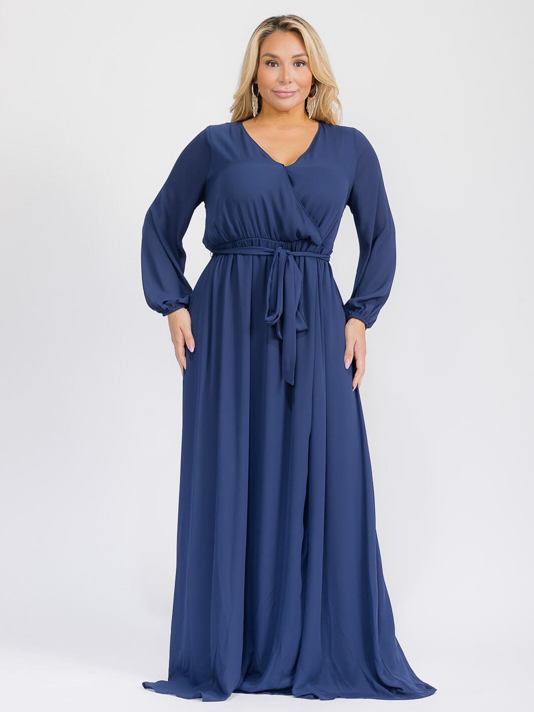 PUS SIZE LONG SLEEVE SELF TIE SURPLICE MAXI GOWN DRESS