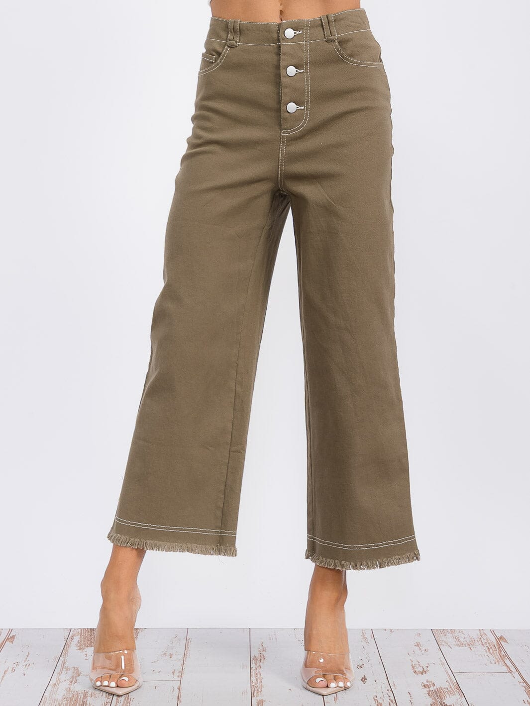 WOMEN'S BUTTON CLOSURE POCKETS WIDE LEG DENIM PANTS