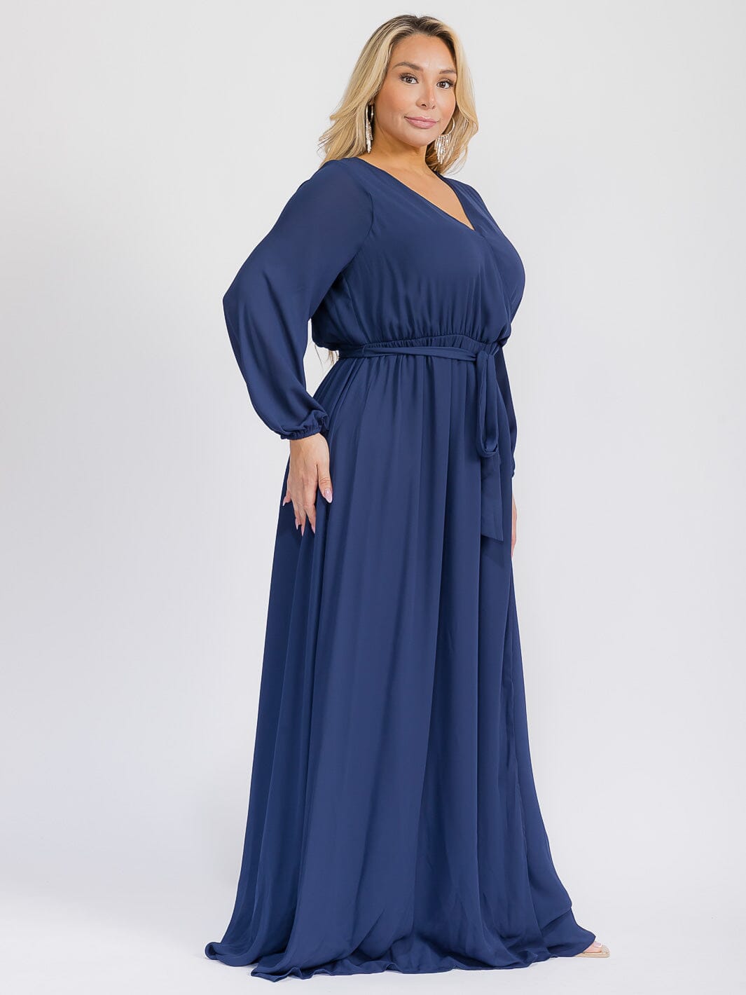 PUS SIZE LONG SLEEVE SELF TIE SURPLICE MAXI GOWN DRESS