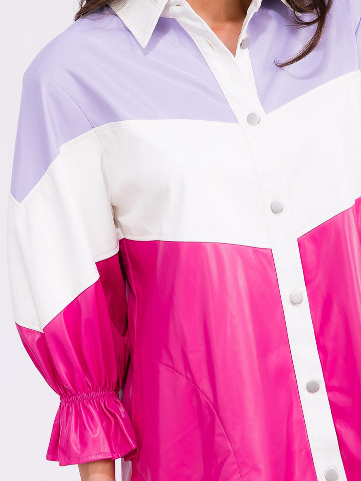 WOMEN'S 3/4 SLEEVE BUTTON UP POCKETS COLORBLOCK PU PLEATHER MINI DRESS