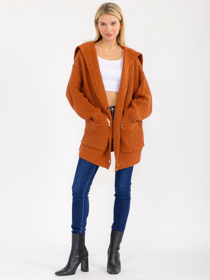WOMEN'S LONG SLEEVE BUTTON CLOSURE FRONT POCKETS RIBBED CARDIGAN