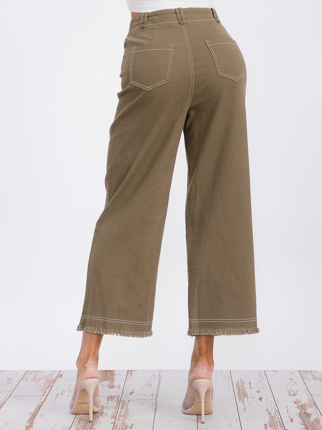 WOMEN'S BUTTON CLOSURE POCKETS WIDE LEG DENIM PANTS