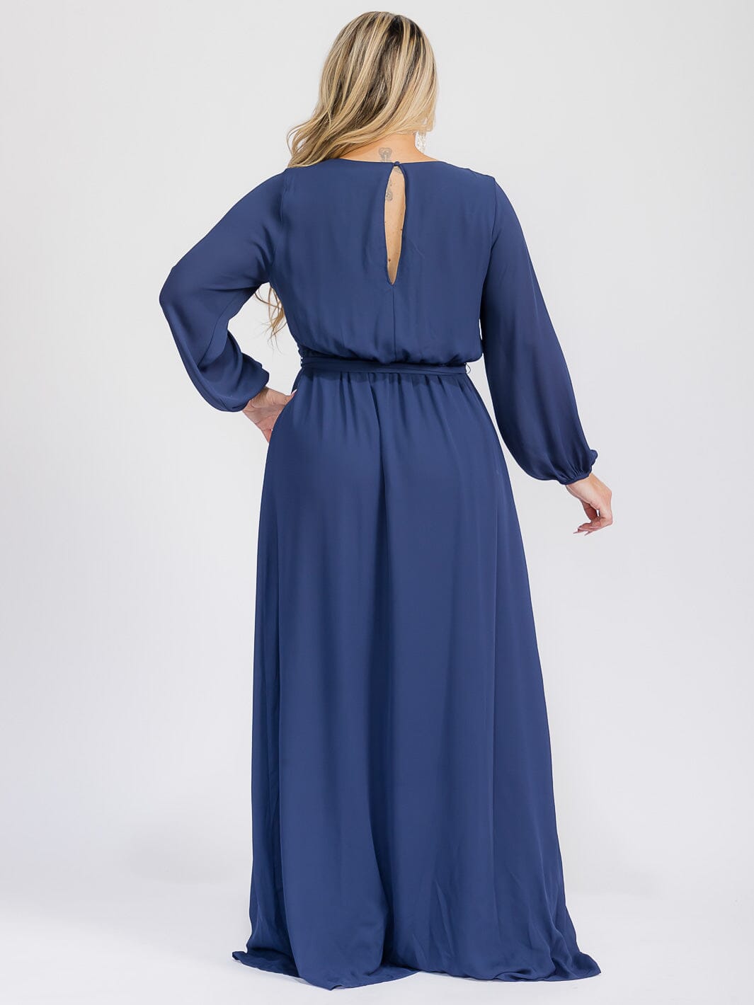 PUS SIZE LONG SLEEVE SELF TIE SURPLICE MAXI GOWN DRESS