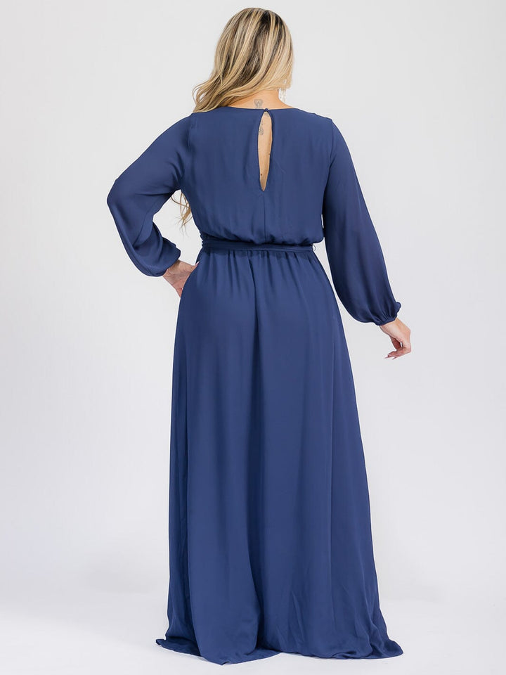 PUS SIZE LONG SLEEVE SELF TIE SURPLICE MAXI GOWN DRESS
