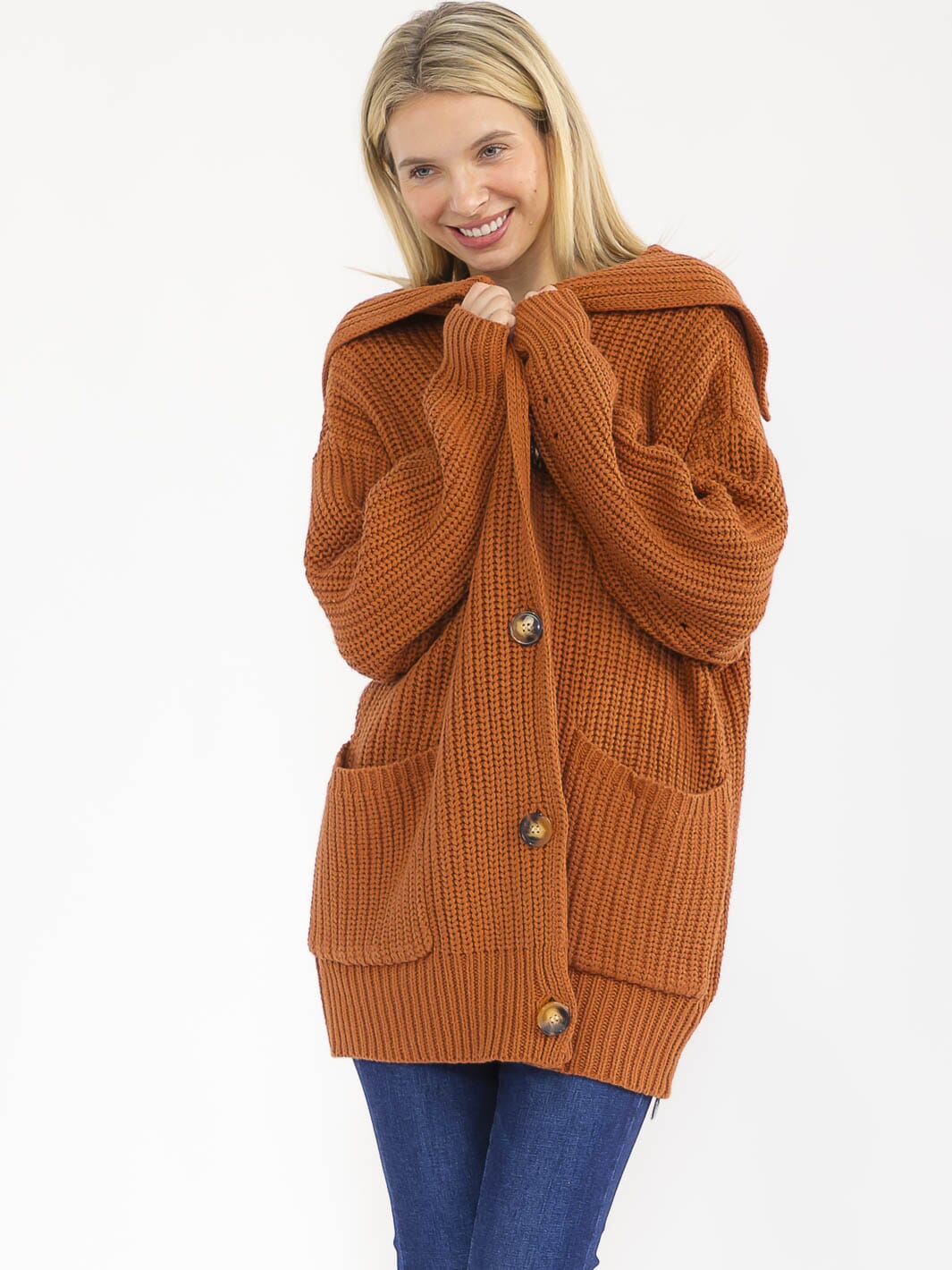 WOMEN'S LONG SLEEVE BUTTON CLOSURE FRONT POCKETS RIBBED CARDIGAN