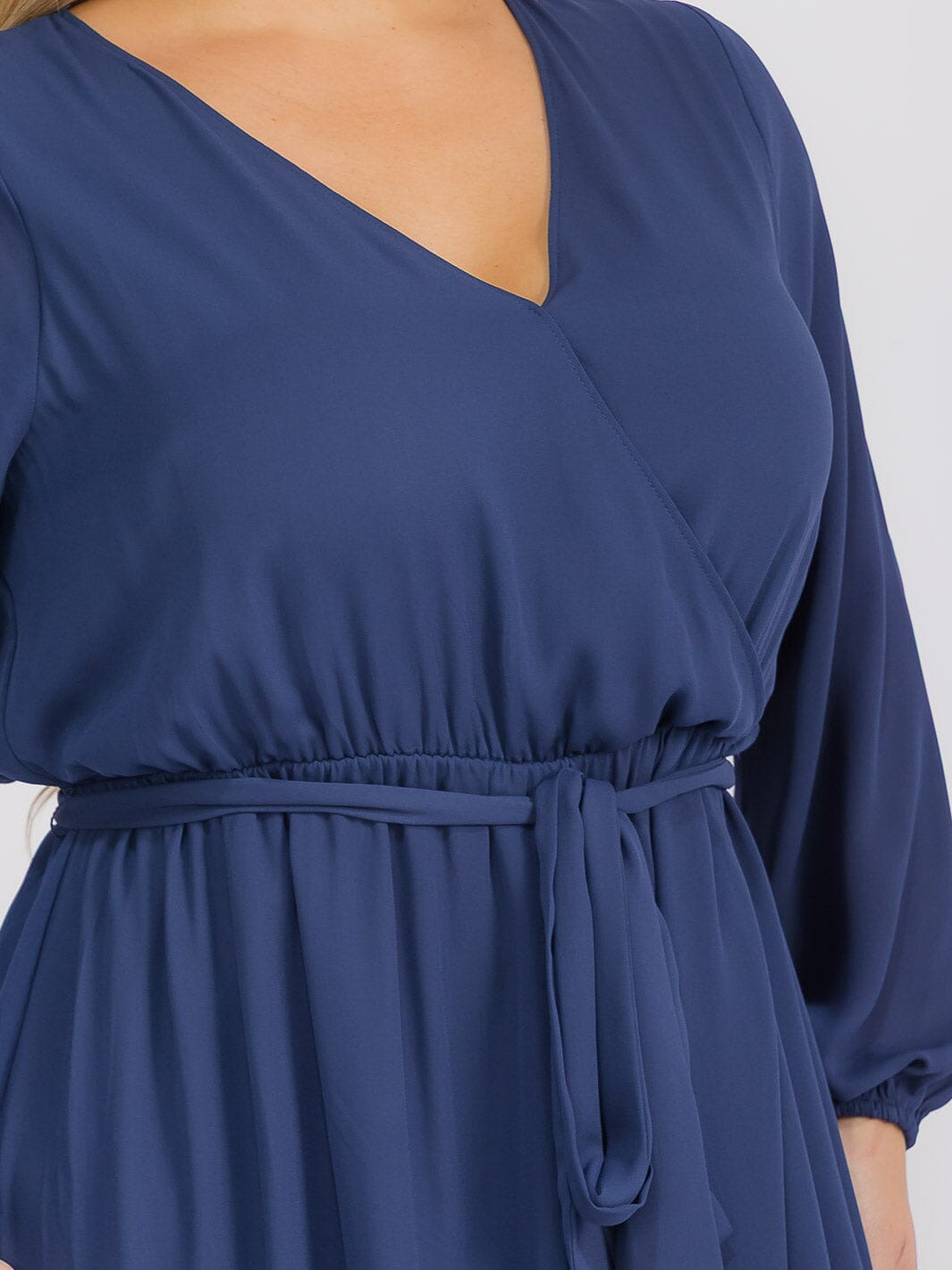 PUS SIZE LONG SLEEVE SELF TIE SURPLICE MAXI GOWN DRESS