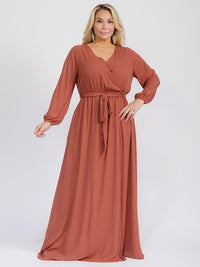 PUS SIZE LONG SLEEVE SELF TIE SURPLICE MAXI GOWN DRESS