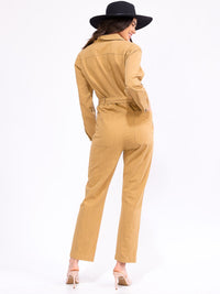 WOMEN'S LONG SLEEVE BUTTON UP SELF TIE POCKETS DENIM JUMPSUIT