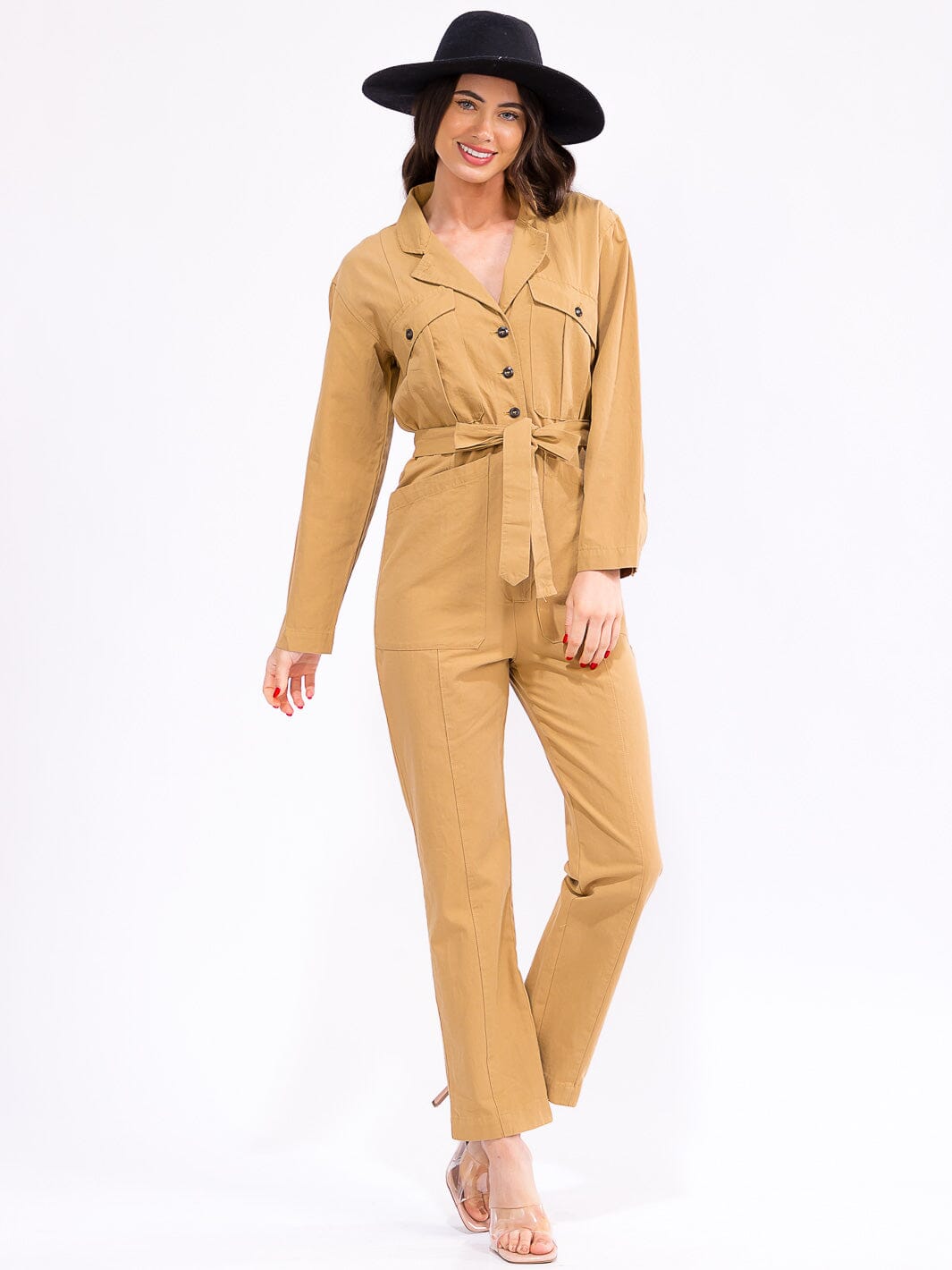 WOMEN'S LONG SLEEVE BUTTON UP SELF TIE POCKETS DENIM JUMPSUIT