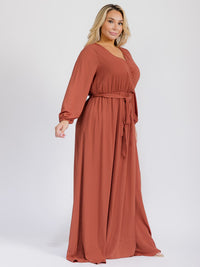 PUS SIZE LONG SLEEVE SELF TIE SURPLICE MAXI GOWN DRESS