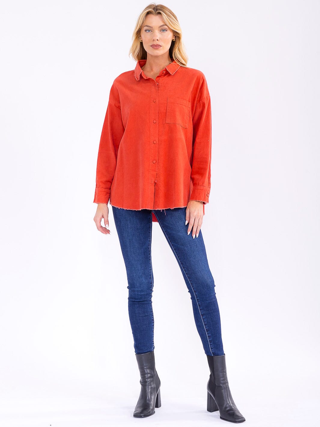 WOMEN'S LONG SLEEVE BUTTON UP FRONT POCKET CORDUROY TOP