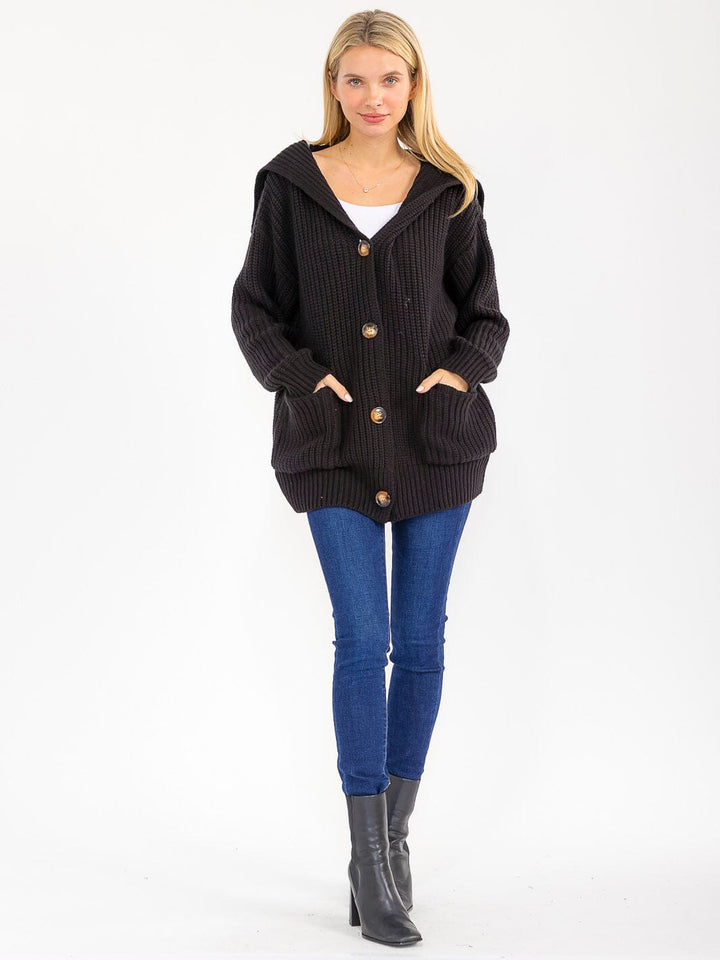 WOMEN'S LONG SLEEVE BUTTON CLOSURE FRONT POCKETS RIBBED CARDIGAN