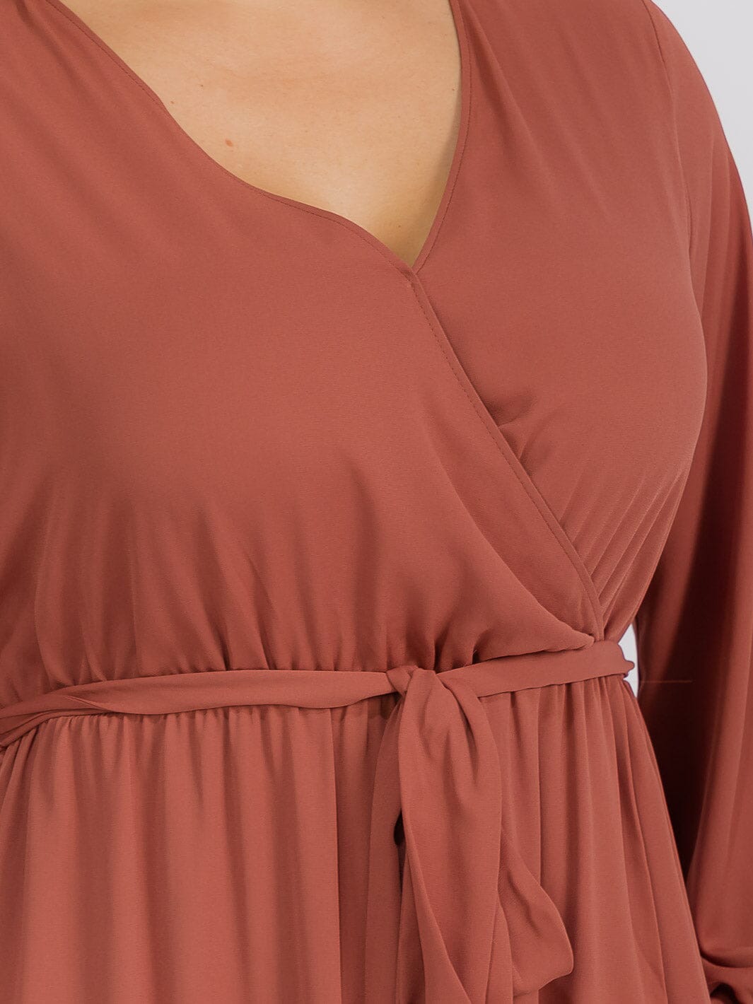 PUS SIZE LONG SLEEVE SELF TIE SURPLICE MAXI GOWN DRESS