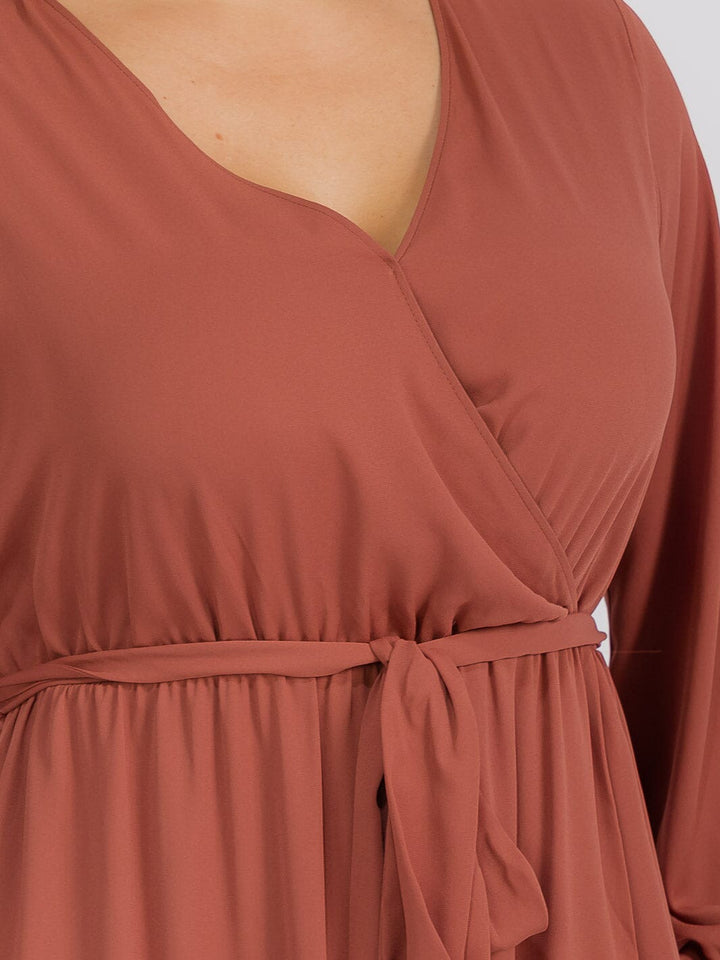 PUS SIZE LONG SLEEVE SELF TIE SURPLICE MAXI GOWN DRESS