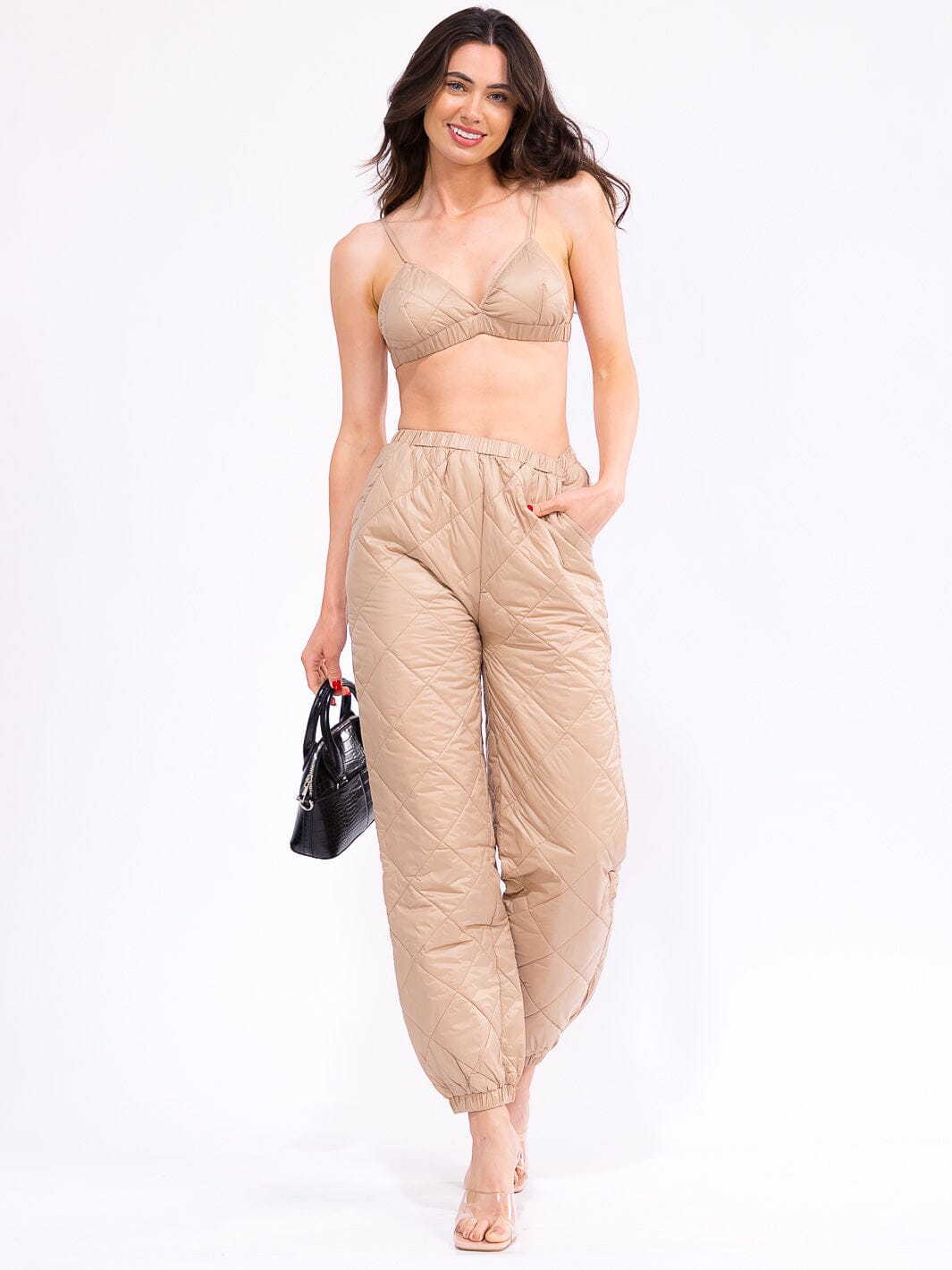 WOMEN'S SLEEVELESS CROP TOP & ELASTIC WAIST JOGGER PANTS PADDED 2PC. SET