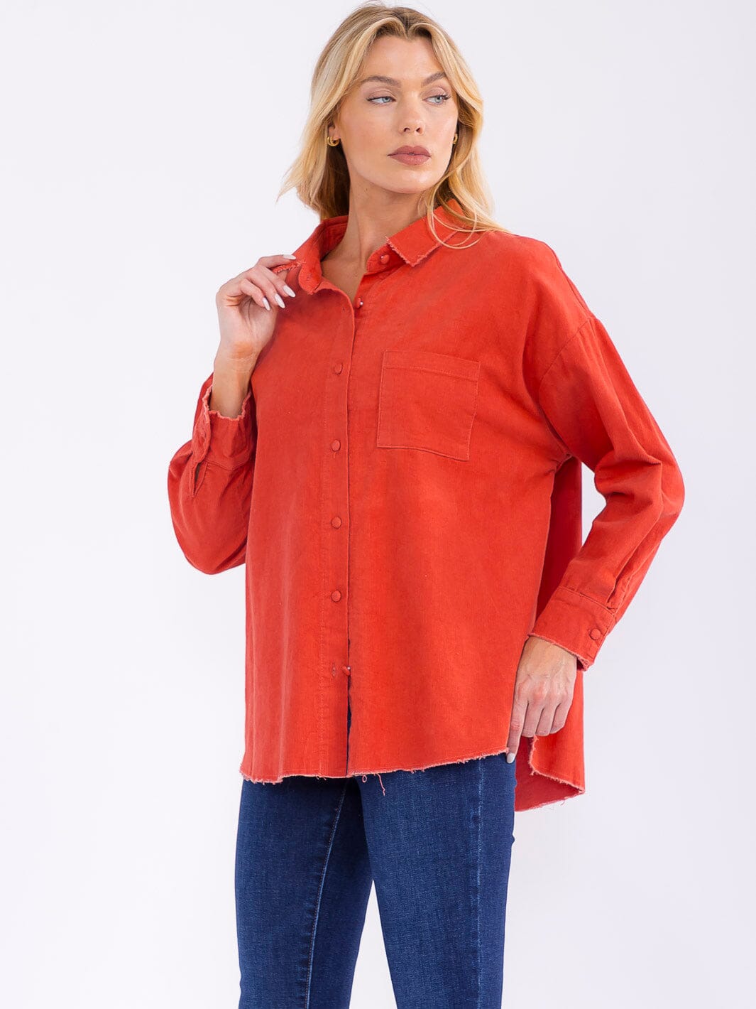 WOMEN'S LONG SLEEVE BUTTON UP FRONT POCKET CORDUROY TOP