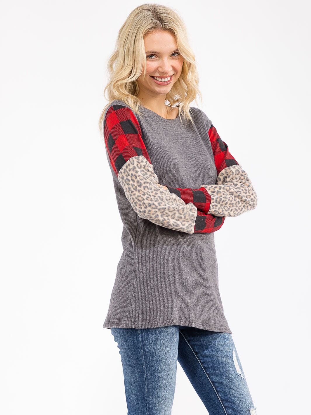 WOMEN'S LONG SLEEVE COLORBLOCK CONTRAST PRINT LOOSE FIT TOP